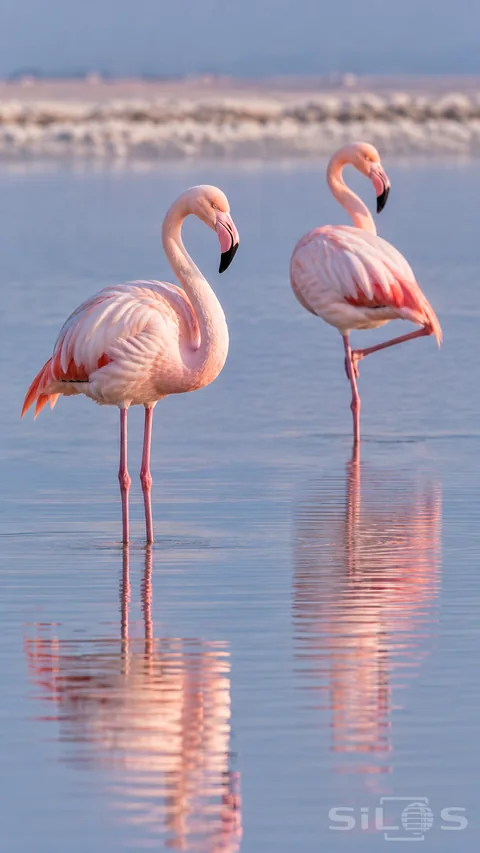 Two pink flamingos stand in shallow water with soft reflections beneath them