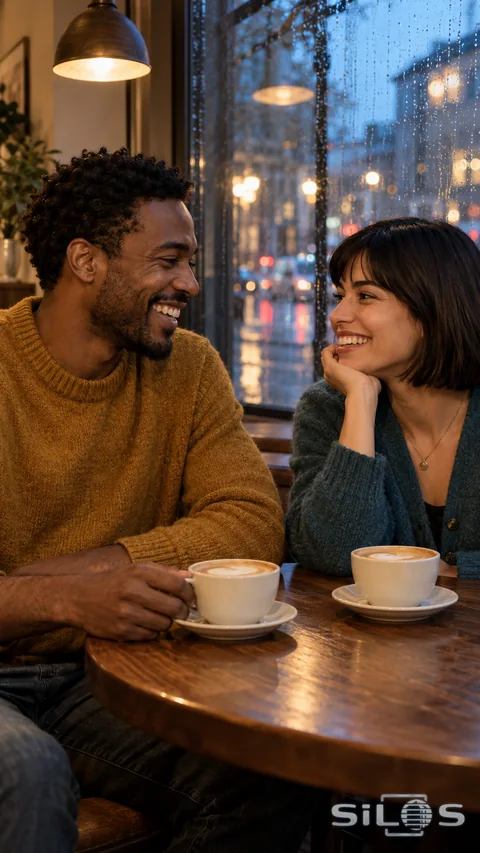 Two friends share a laugh over coffee beside a rain-streaked café window