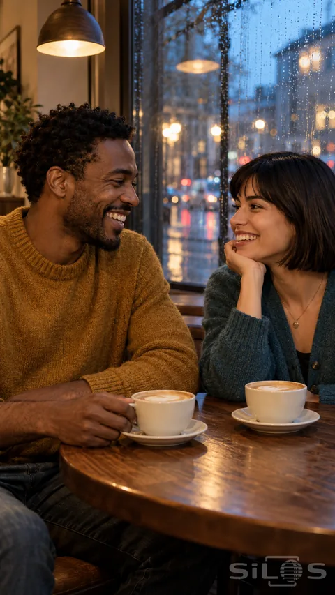 Two friends share a laugh over coffee beside a rain-streaked café window