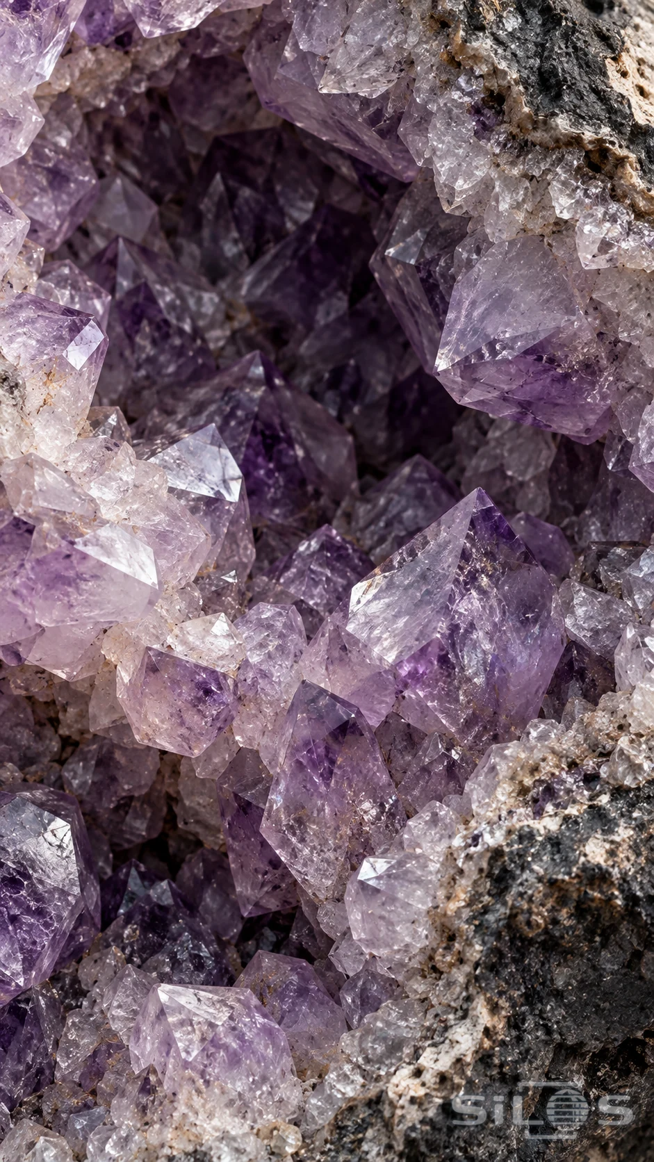 Violet crystal points catch soft light inside a rough dark geode