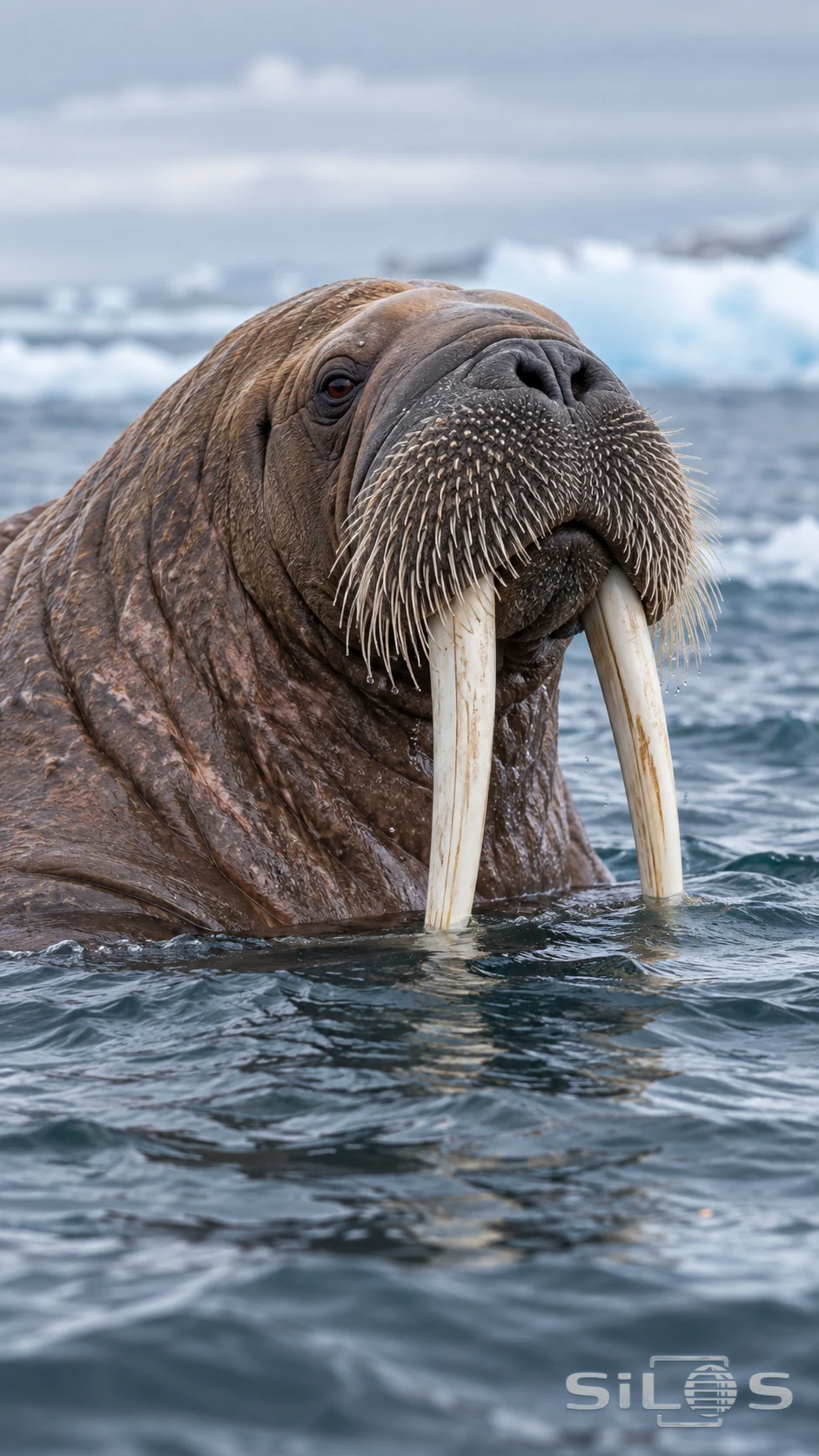 A walrus raises its whiskered muzzle and pale tusks above cold blue water