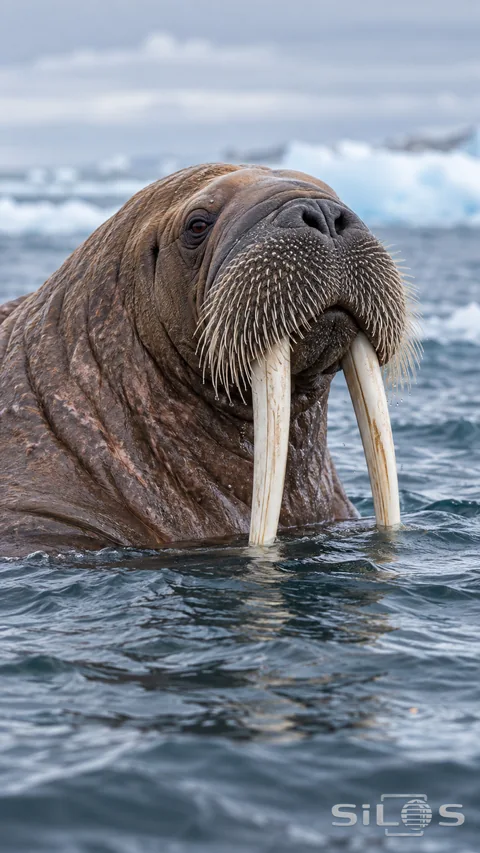 A walrus raises its whiskered muzzle and pale tusks above cold blue water