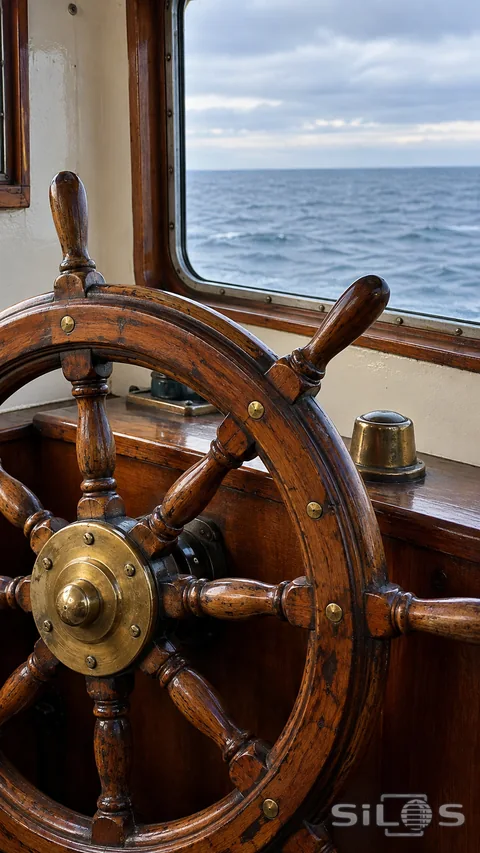A worn wooden ship wheel catches window light beside a calm blue-gray sea