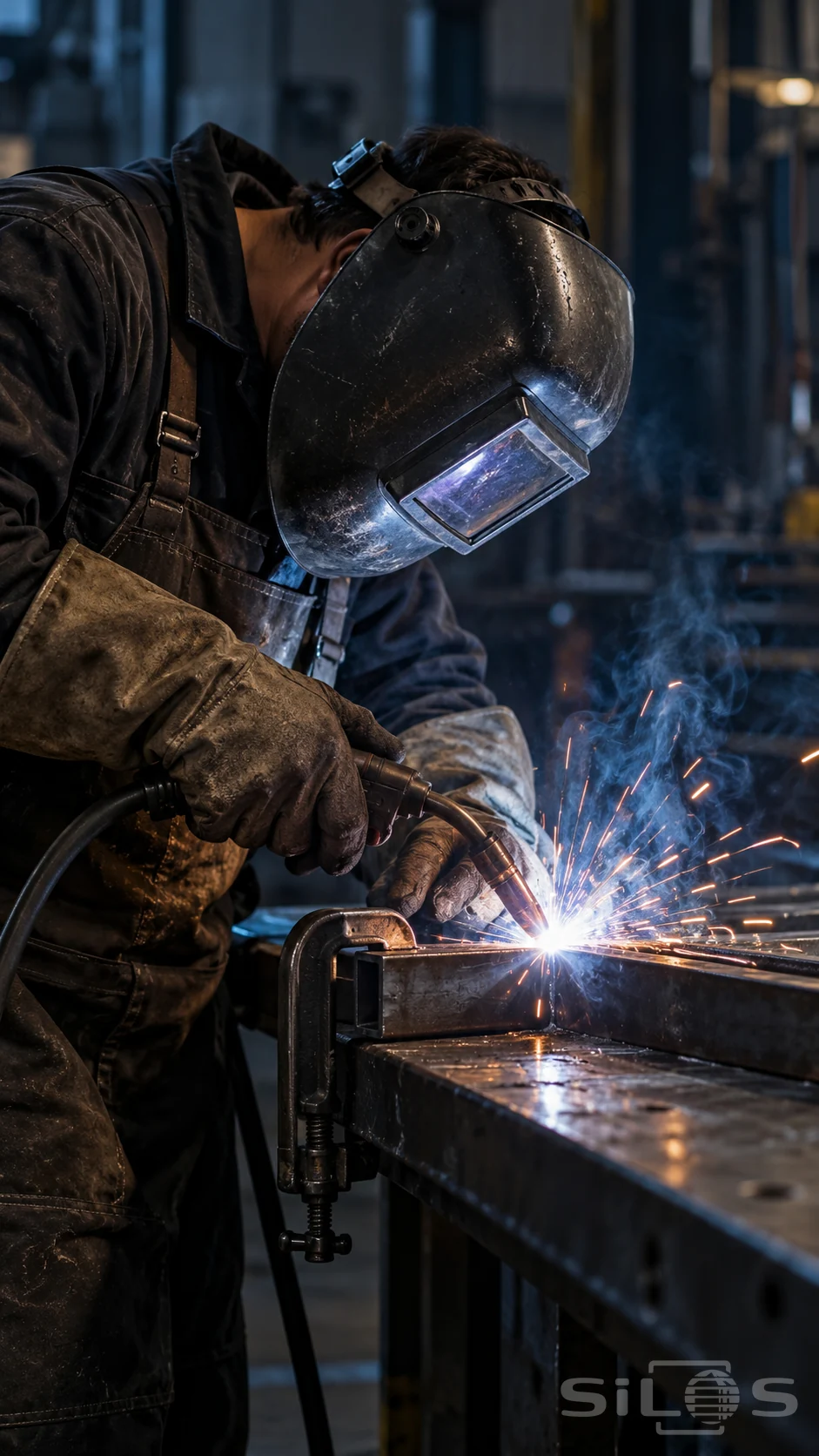 A welder works at a steel bench as blue arc light and orange sparks cross a dark workshop