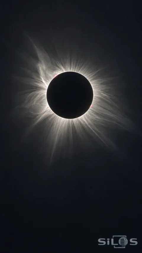 A dark lunar disk is surrounded by a fine white solar corona and tiny pink prominences