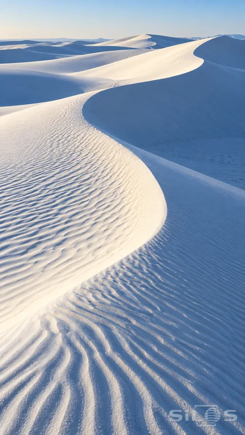 Smooth pale dunes form sweeping ridges above cool blue hollows and fine wind ripples
