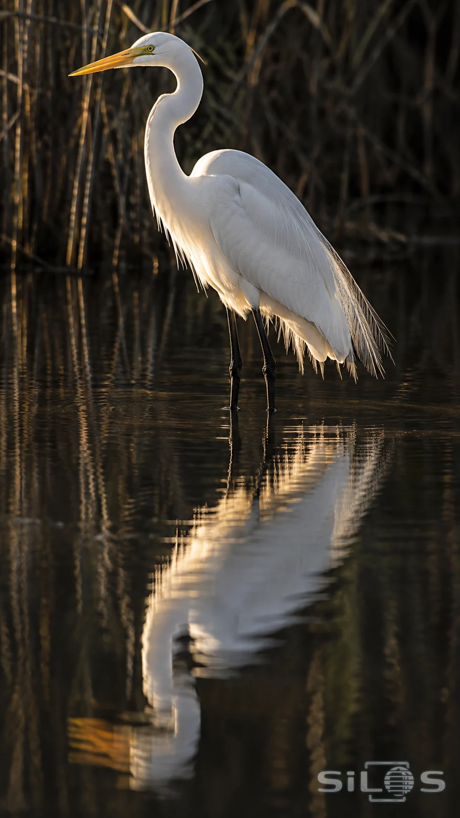 A white egret stands in still dark water, its fine feathers echoed in a rippled reflection
