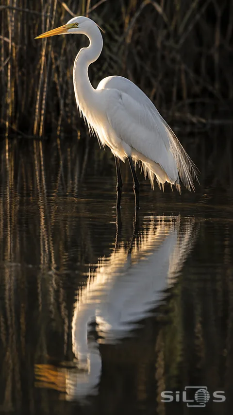 A white egret stands in still dark water, its fine feathers echoed in a rippled reflection