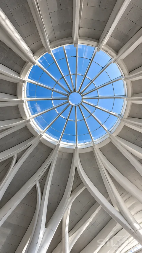 White structural ribs curve around a round skylight filled with clear blue sky