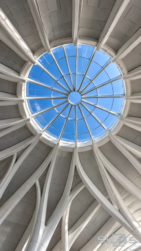 White structural ribs curve around a round skylight filled with clear blue sky