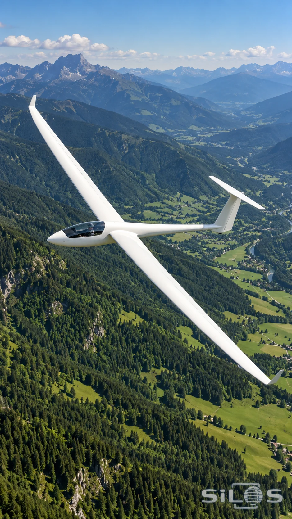A white sailplane glides above a green valley and distant mountain ridges