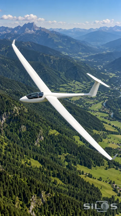A white sailplane glides above a green valley and distant mountain ridges