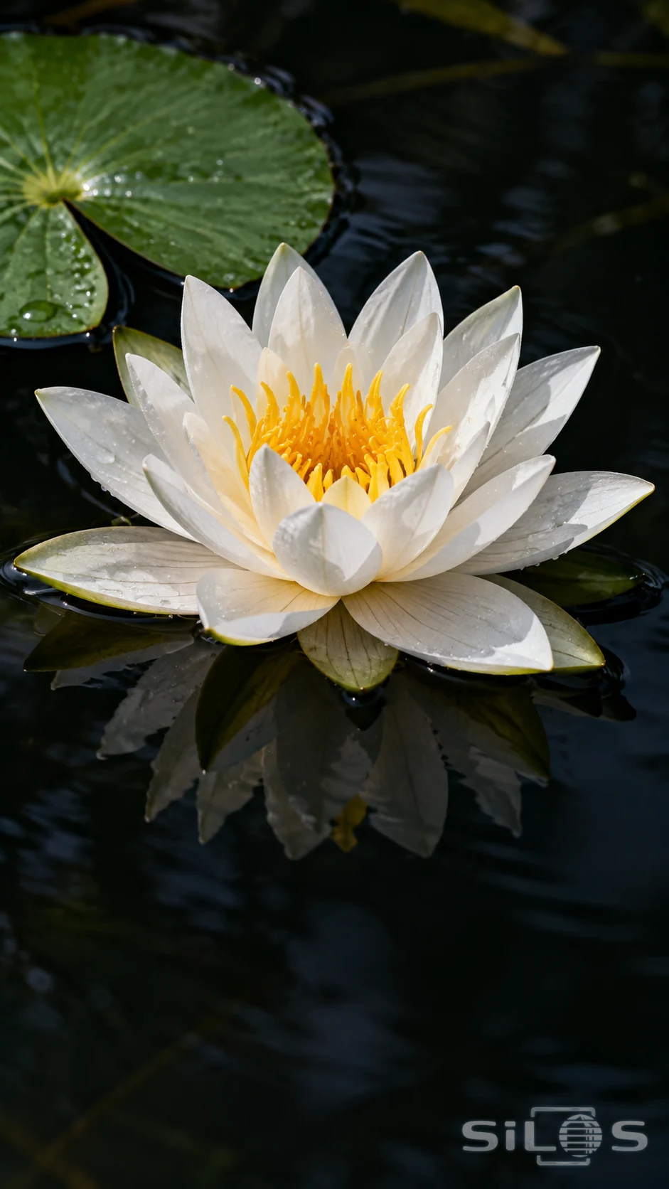 A white water lily opens above dark pond water beside a deep green lily pad