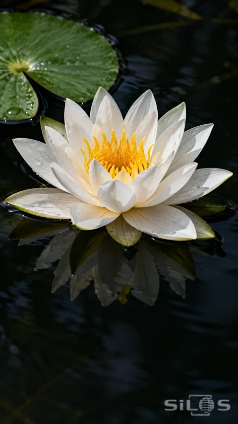 A white water lily opens above dark pond water beside a deep green lily pad