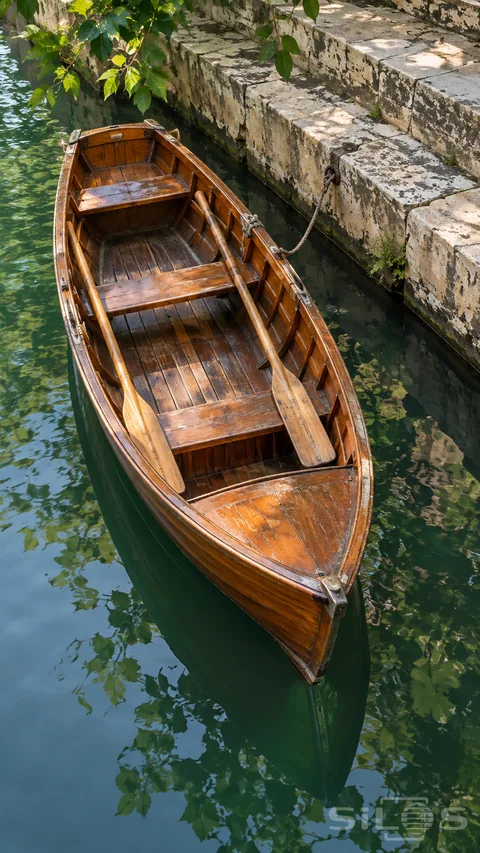 A varnished rowing boat rests beside stone steps on a quiet green canal