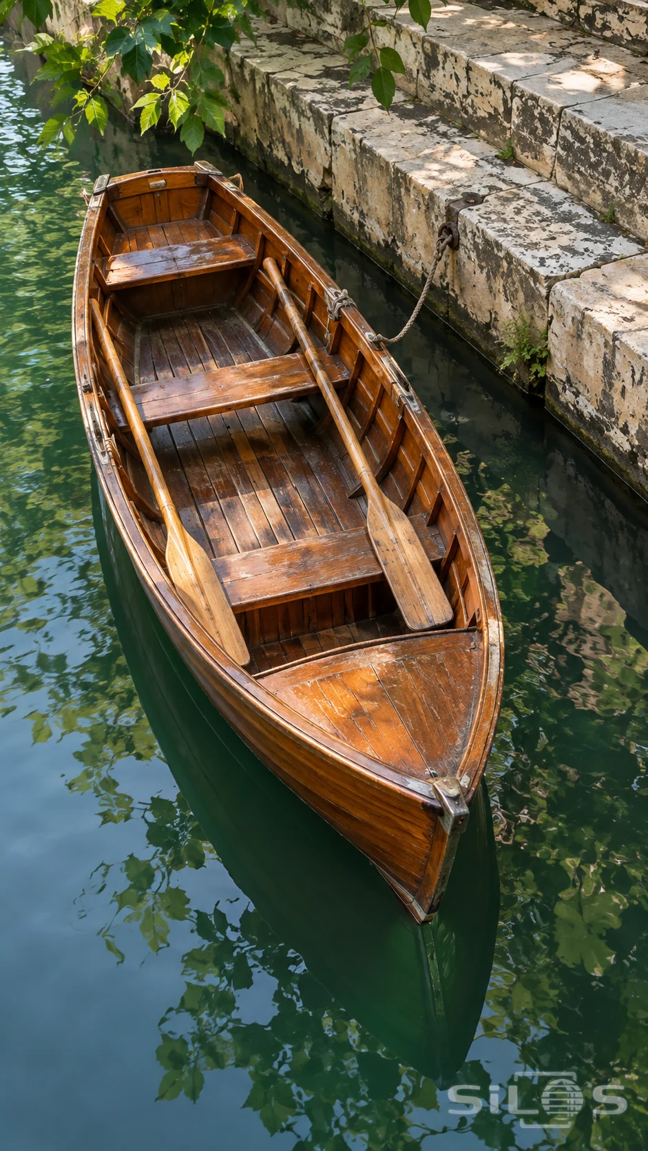 A varnished rowing boat rests beside stone steps on a quiet green canal
