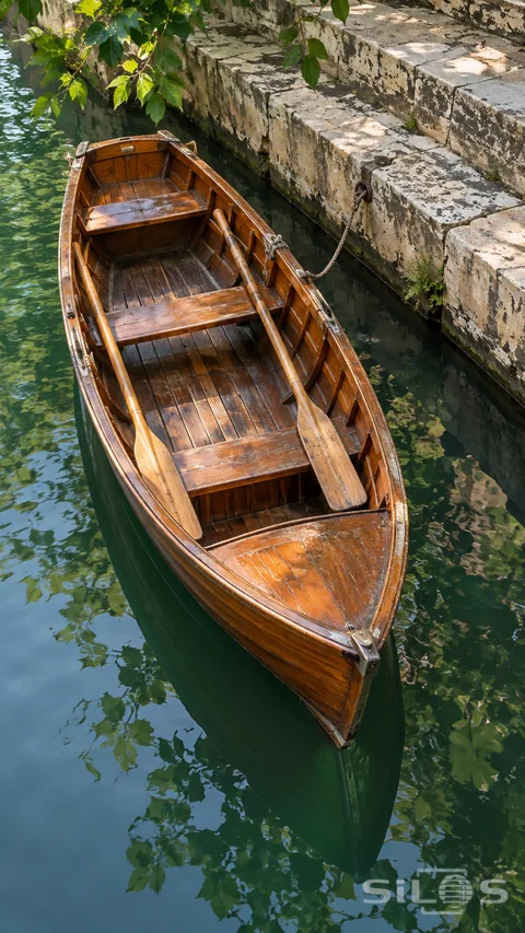 A varnished rowing boat rests beside stone steps on a quiet green canal