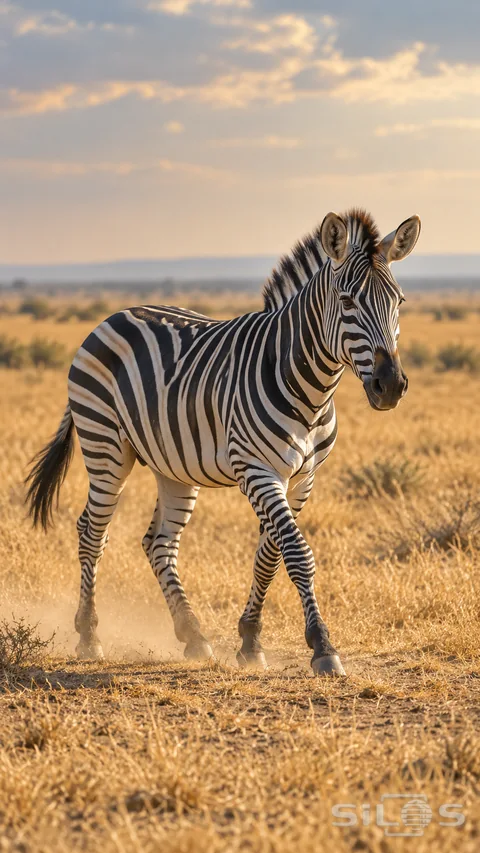 A zebra steps through pale dust in warm open grassland