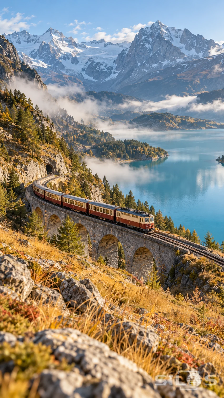 An ivory-and-rust passenger train curves across a stone viaduct above a turquoise lake. Golden hillside grasses, low clouds, and snow-covered peaks frame the winding railway in clear morning light.