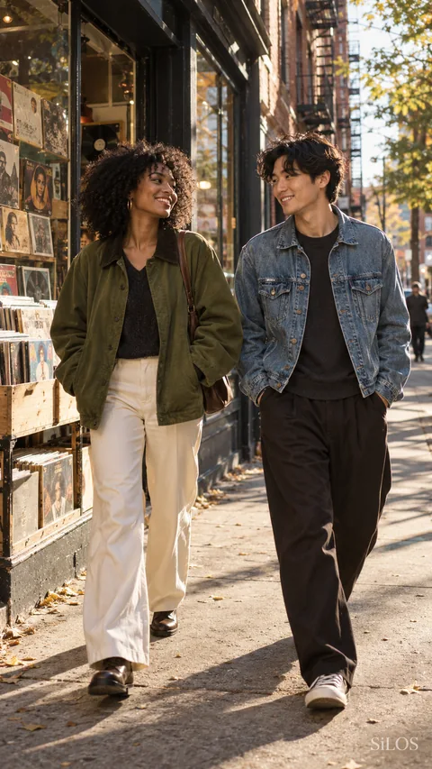 Denim, moss green, and warm afternoon light outside a neighborhood record shop.