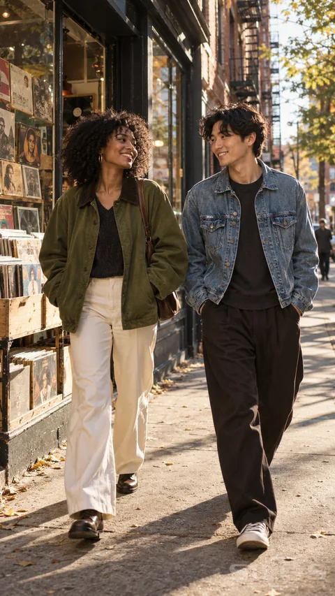 Denim; moss green; and warm afternoon light outside a neighborhood record shop.