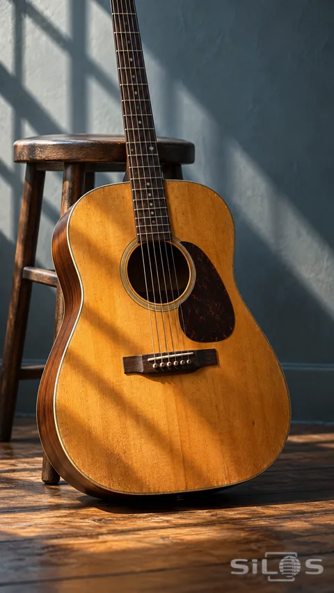 A honey-colored acoustic guitar leans by a wooden stool with window shadows across its body.
