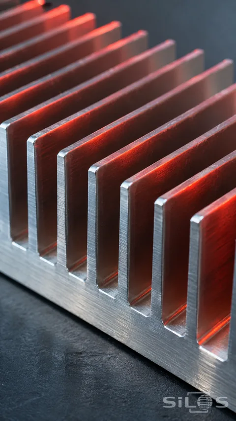 Close-up of a machined aluminum heat sink with parallel silver fins and red side-light reflections against a dark surface.