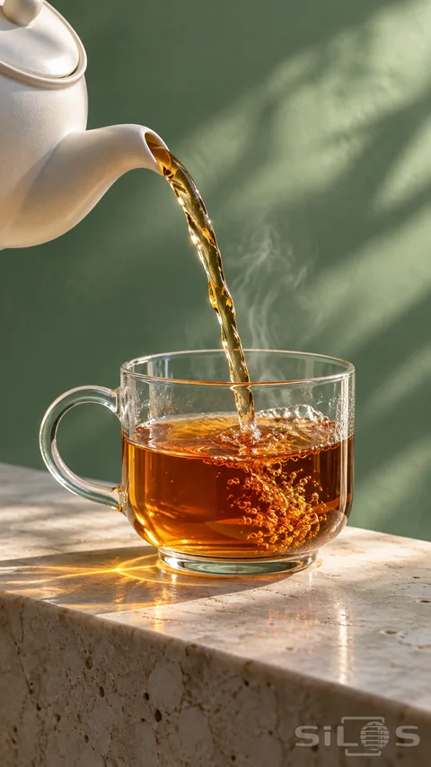 An ivory teapot pours amber tea into a clear handled cup on a sunlit stone ledge.
