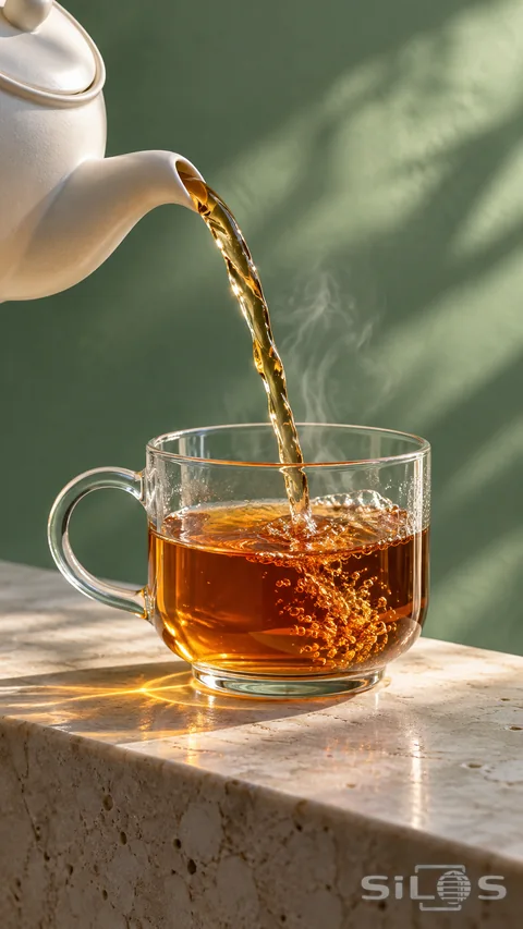 An ivory teapot pours amber tea into a clear handled cup on a sunlit stone ledge.
