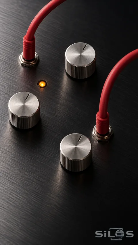 Two red patch cables connect beside three silver knobs and an amber light on a dark metal synthesizer panel.