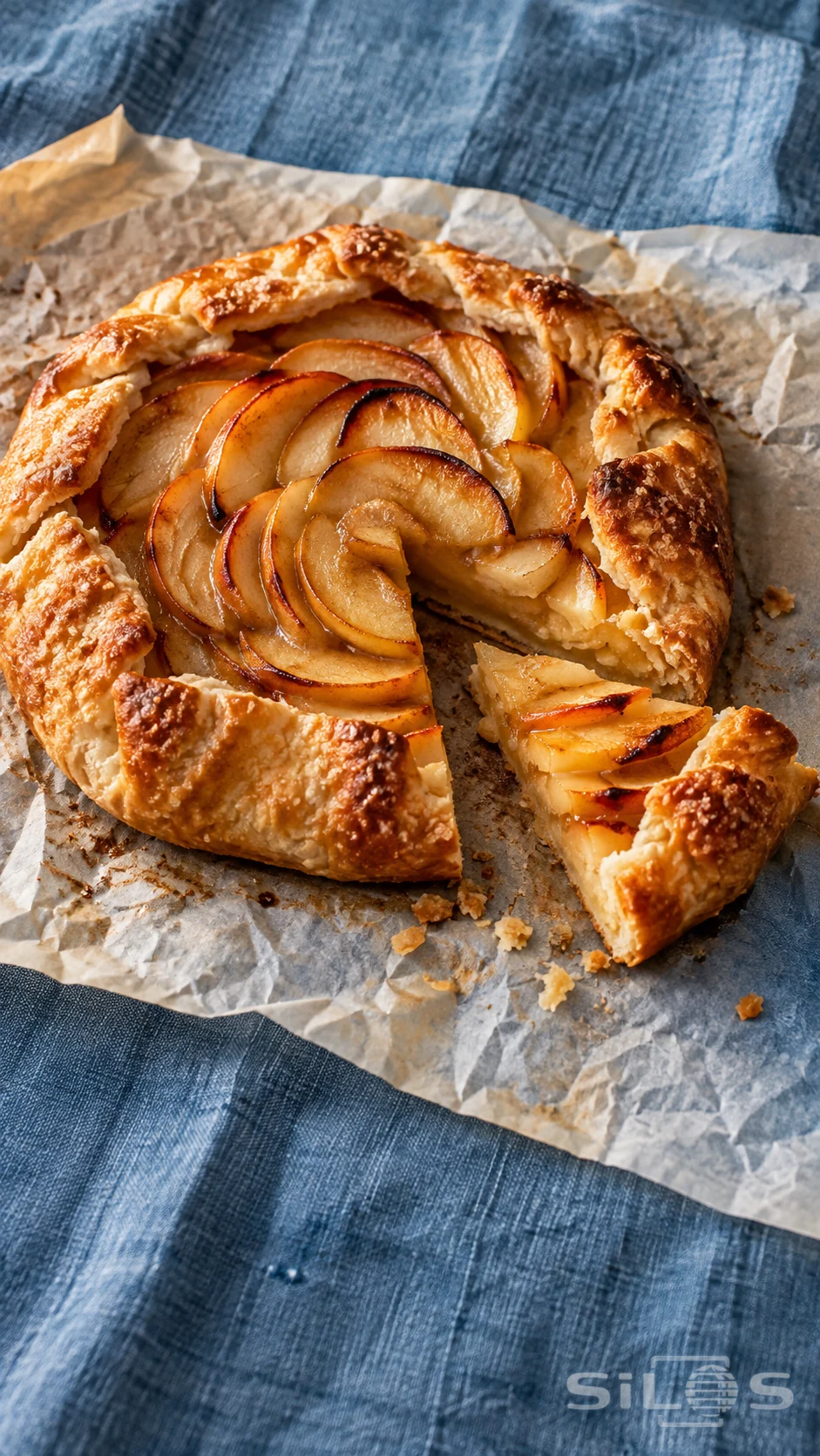 A golden apple galette with a cut wedge on crinkled parchment over blue linen.