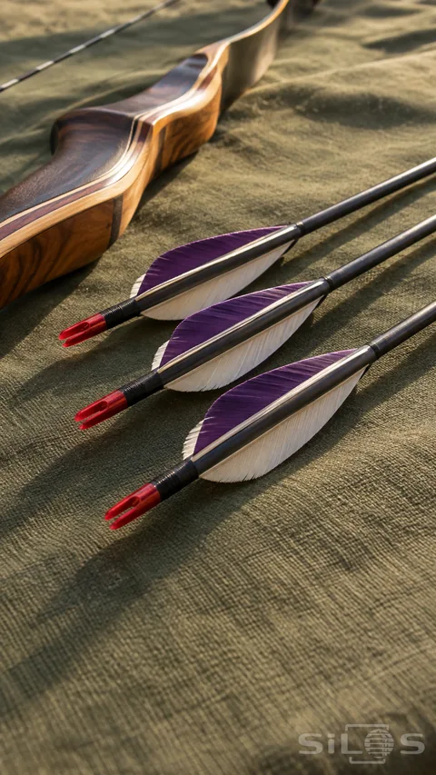 Three dark target arrows with violet and cream feather fletching and red nocks lie beside a wooden recurve bow on olive canvas.