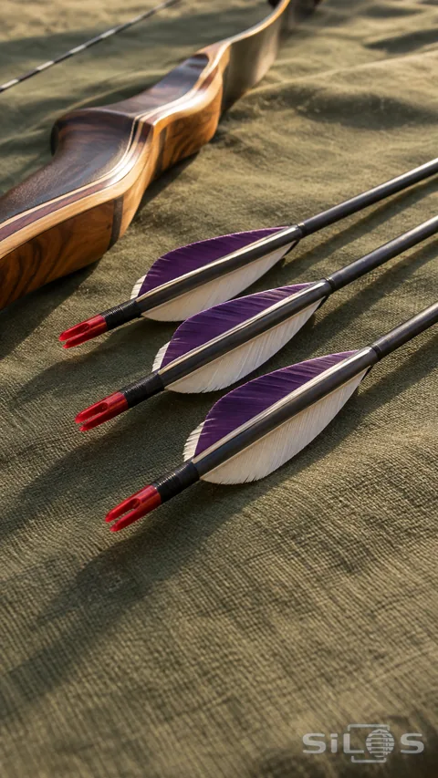 Three dark target arrows with violet and cream feather fletching and red nocks lie beside a wooden recurve bow on olive canvas.