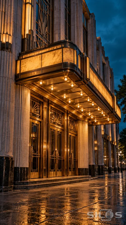 A glowing Art Deco cinema entrance with brass doors and an unlettered canopy at blue hour.