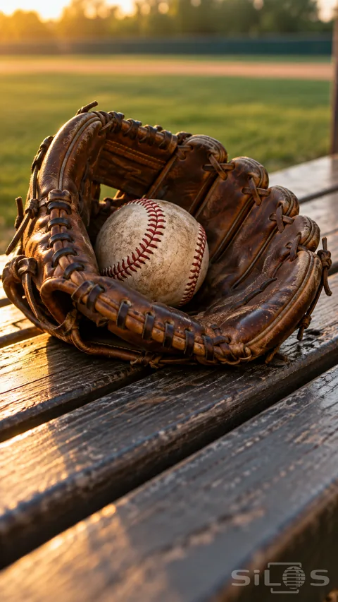 A worn brown leather baseball glove holding a red-stitched ball on a dugout bench in golden late-afternoon light.