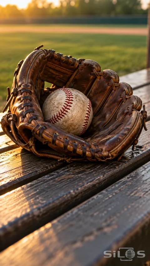 A worn brown leather baseball glove holding a red-stitched ball on a dugout bench in golden late-afternoon light.