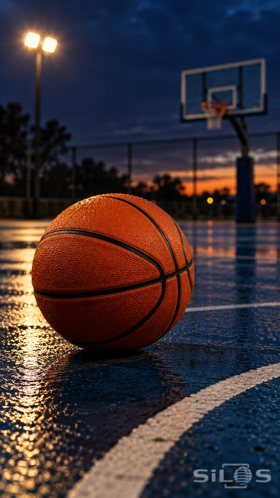 An orange basketball rests on a wet blue court at dusk with a hoop and lights behind it.