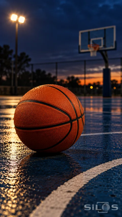 An orange basketball rests on a wet blue court at dusk with a hoop and lights behind it.