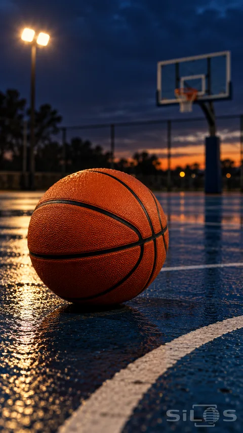 An orange basketball rests on a wet blue court at dusk with a hoop and lights behind it.