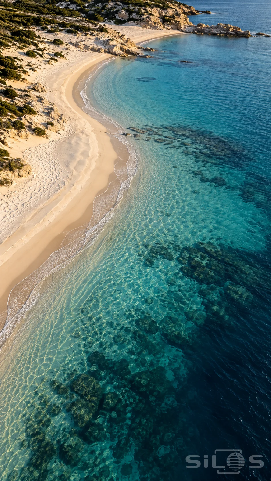 Warm light traces an empty crescent beach above clear turquoise shallows and darker coastal water.