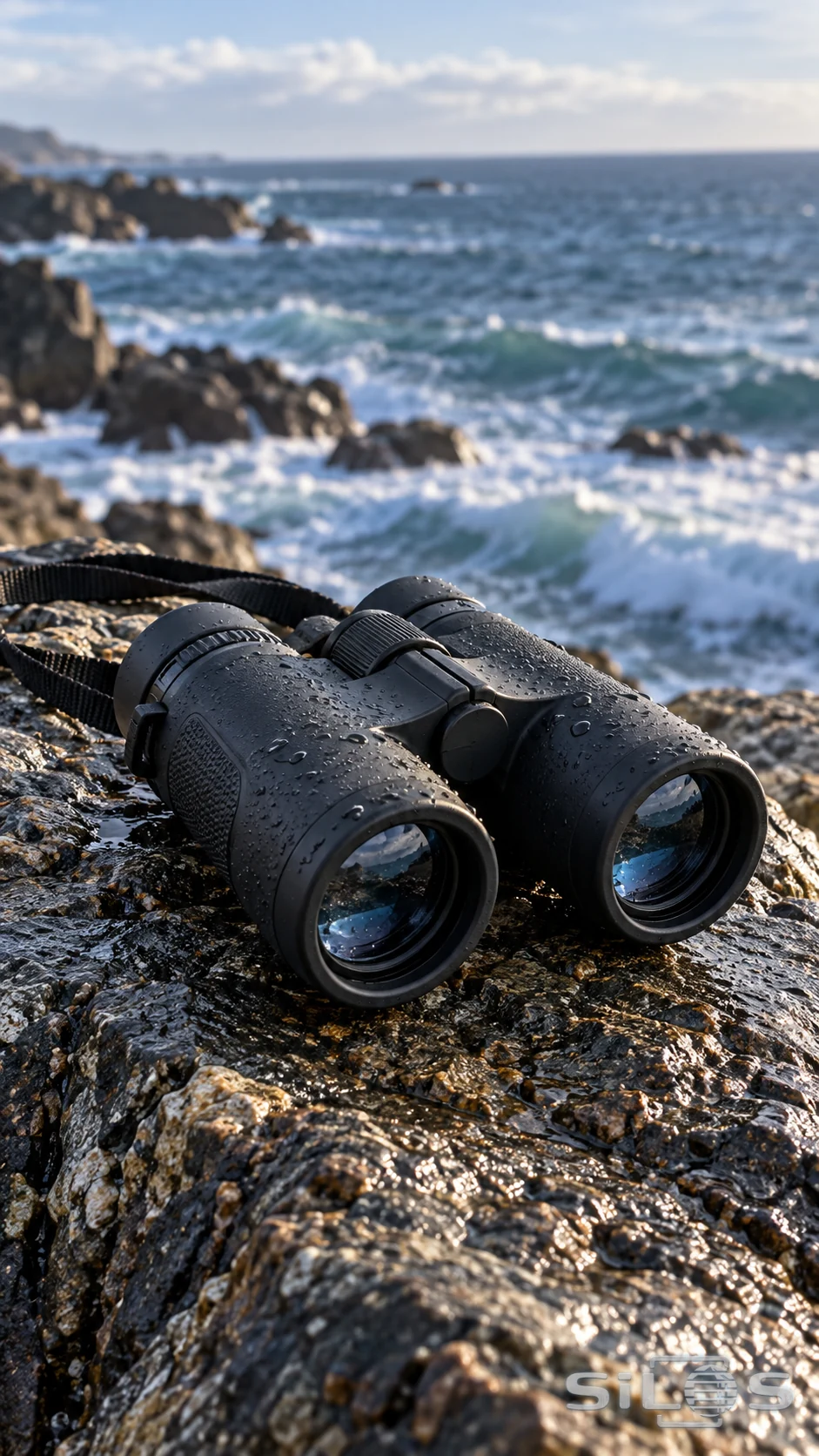 Black binoculars covered in water droplets resting on wet rock above a rocky blue coastline