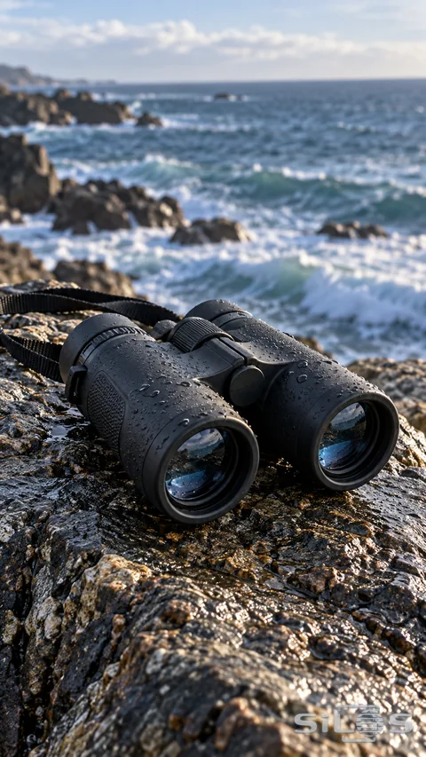 Black binoculars covered in water droplets resting on wet rock above a rocky blue coastline