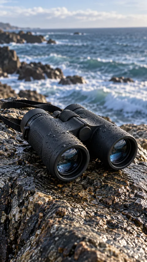 Black binoculars covered in water droplets resting on wet rock above a rocky blue coastline