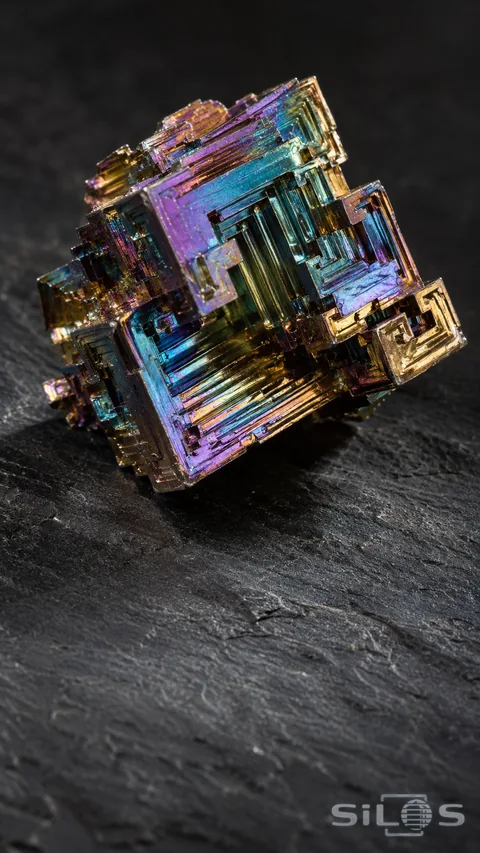 An iridescent bismuth hopper crystal with stepped square forms rests on textured dark slate.