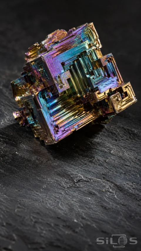 An iridescent bismuth hopper crystal with stepped square forms rests on textured dark slate.
