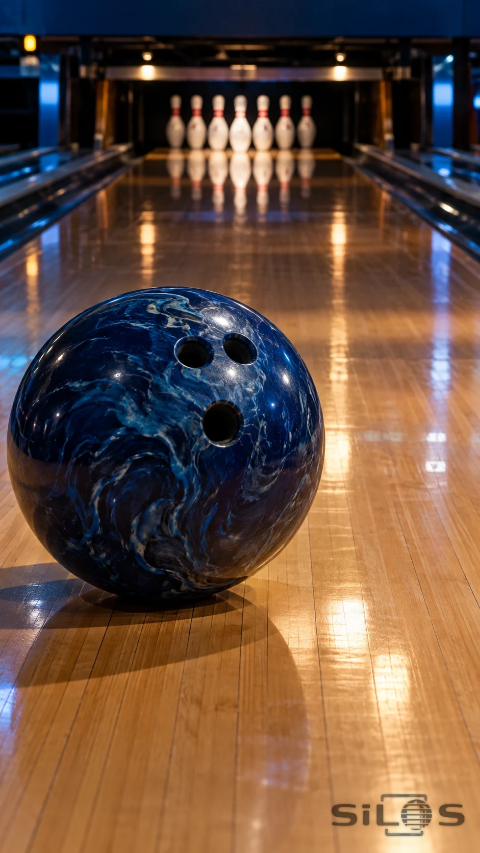 Marbled blue bowling ball with three finger holes on a polished wooden lane, white pins blurred behind.