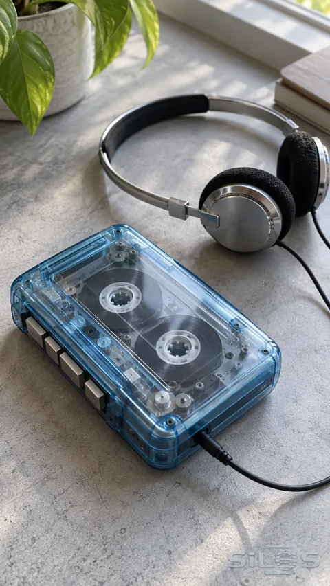 A translucent blue cassette player and silver headphones sit on a gray desk beside a window.