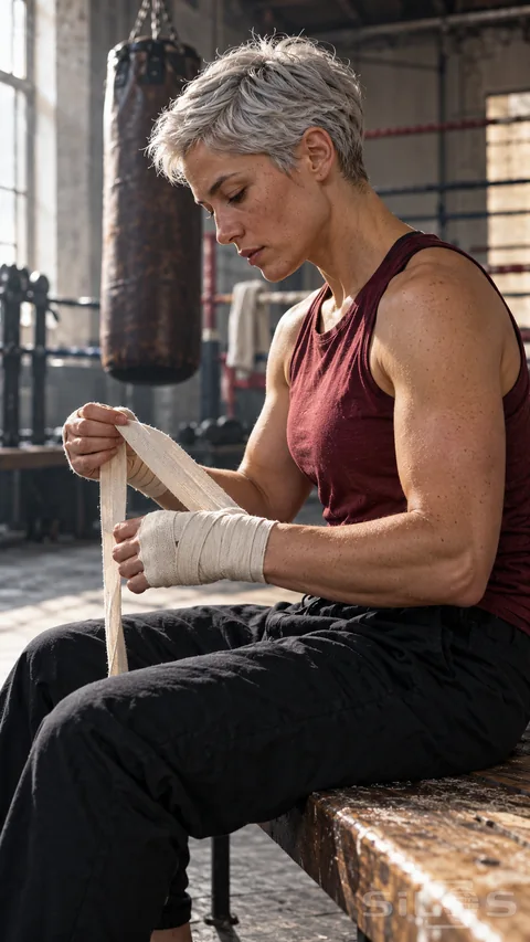 Boxer with short silver hair and a burgundy shirt wrapping her hands in a gym beside a heavy bag.