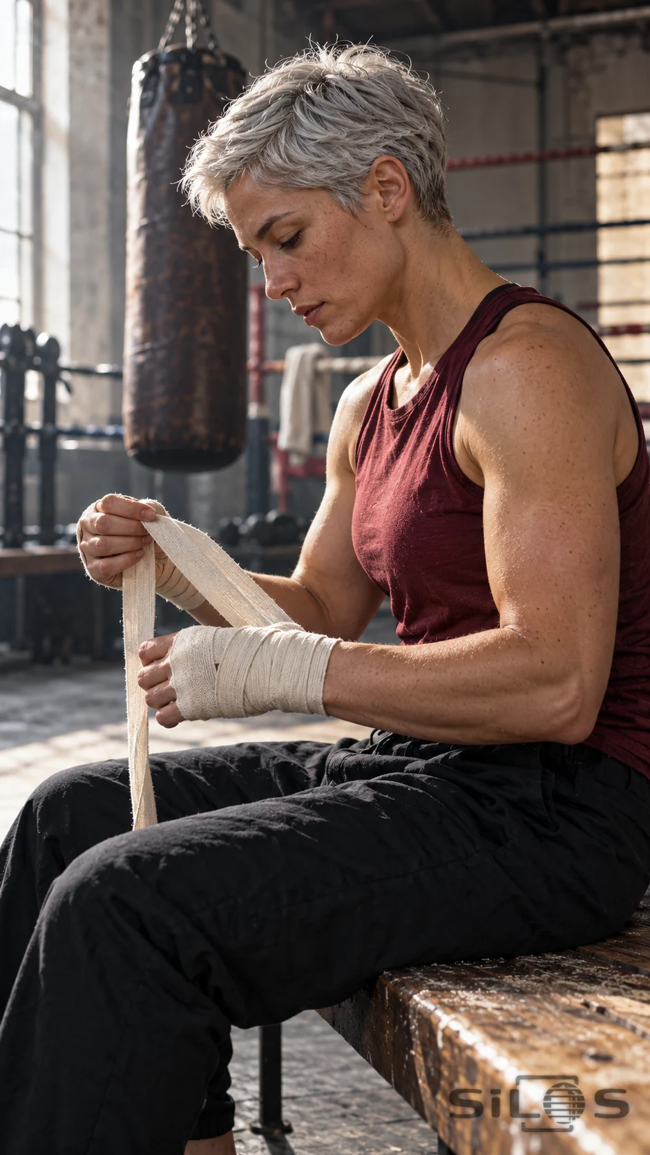 Boxer with short silver hair and a burgundy shirt wrapping her hands in a gym beside a heavy bag.
