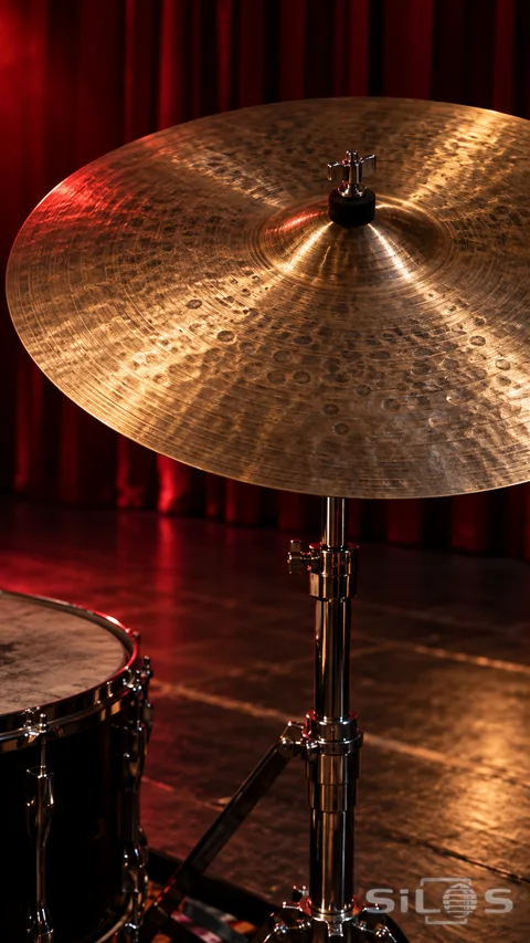 A hammered bronze cymbal on a chrome stand sits beside a partly visible drum and red stage curtains.
